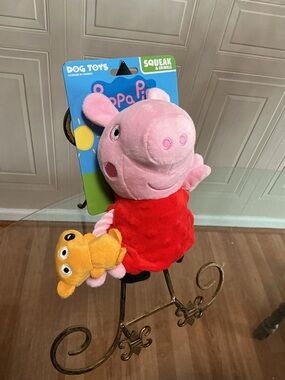 Brand New Peppa Pig  8” Plush in Red Dress Holding Dog Toy Clinker & Squeaker